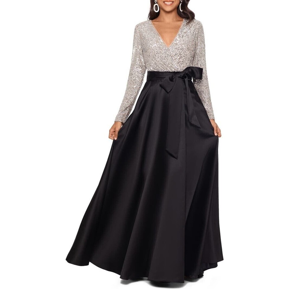 Xscape Womens Champagne Black Sequined Top Ballgown Dress Sz 16 NWT $278